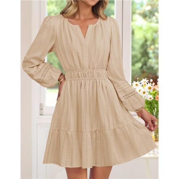 Mini Dress Lightweight V Neck A Line Flowy Swing Beige - Picture 1 of 7